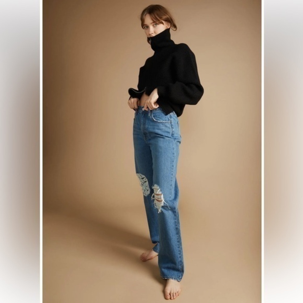 Oak + Fort Highrise Straight Wide Leg Distressed Knee Organic Cotton Blue Jeans